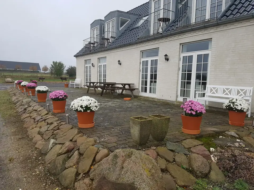 Gårdsplads med blomsterkrukker